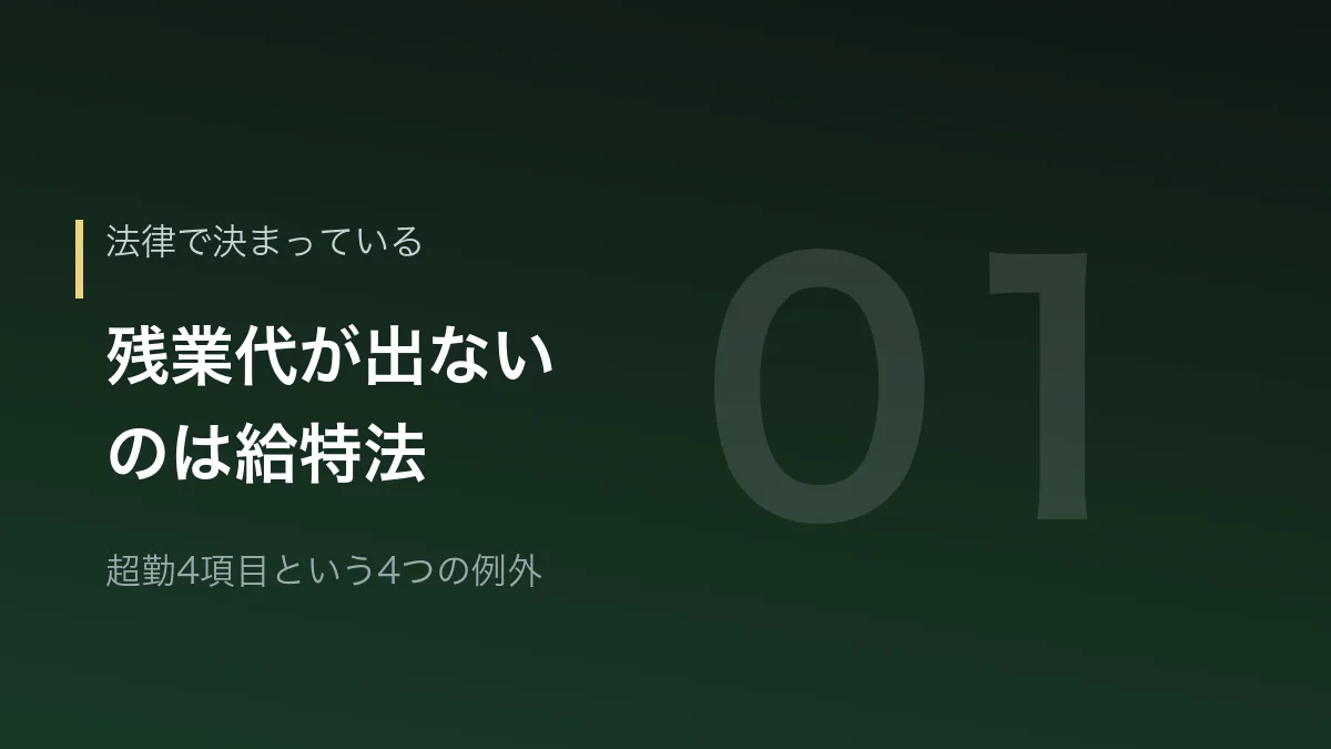 教員に残業代が出ない理由は給特法だと示すバナー画像